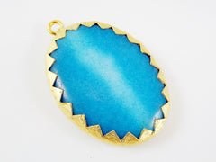 Large Oval Cyanl Blue Jade Pendant - Serrated Border - 22k Matte Gold Plated 1pc