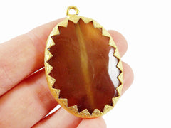 Large Oval Brown  Agate Pendant - Serrated Border - 22k Matte Gold Plated 1pc - No:5