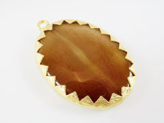 Large Oval Brown  Agate Pendant - Serrated Border - 22k Matte Gold Plated 1pc - No:5