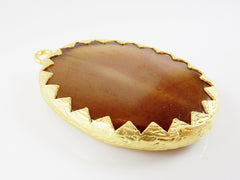 Large Oval Brown  Agate Pendant - Serrated Border - 22k Matte Gold Plated 1pc - No:5