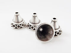 4 Circle Detailed Round Cone Bead End Caps -  Matte Silver Plated