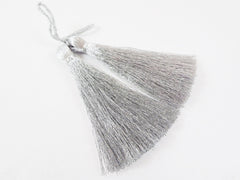 Long Metallic Silver Silk Thread Tassels -  3 inches - 77mm  - 2 pc