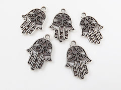 5 Small Filigree Hand of Fatima Hamsa Pendant Charms - Matte Silver Plated