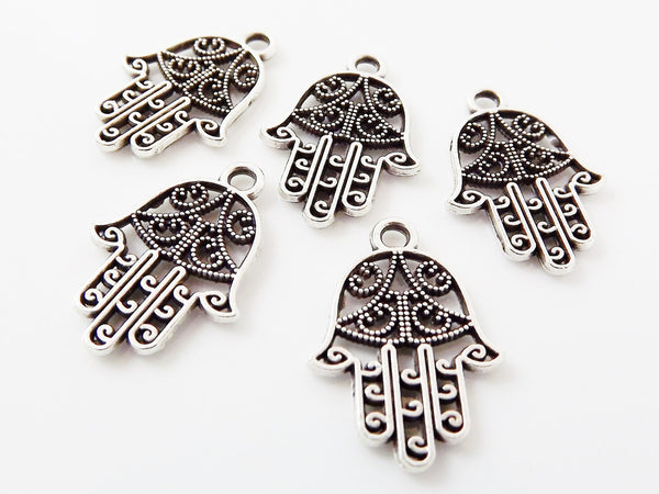 5 Small Filigree Hand of Fatima Hamsa Pendant Charms - Matte Silver Plated