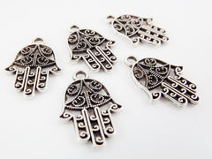 5 Small Filigree Hand of Fatima Hamsa Pendant Charms - Matte Silver Plated