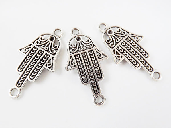 3 Hamsa Hand of Fatima Connector - Matte Silver Plated - 3PC