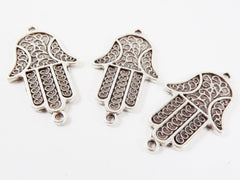 3 Curly Hamsa Hand of Fatima Connector - Double Sided - Matte Antique Silver Plated - 3PC