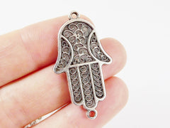 3 Curly Hamsa Hand of Fatima Connector - Double Sided - Matte Antique Silver Plated - 3PC