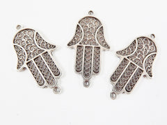 3 Curly Hamsa Hand of Fatima Connector - Double Sided - Matte Antique Silver Plated - 3PC