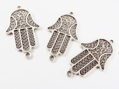 3 Curly Hamsa Hand of Fatima Connector - Double Sided - Matte Antique Silver Plated - 3PC