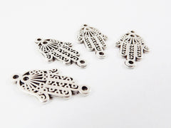 4 SmallCircle Hamsa Hand of Fatima Connector - Double Sided - Matte Silver Plated