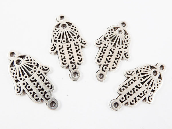 4 SmallCircle Hamsa Hand of Fatima Connector - Double Sided - Matte Silver Plated