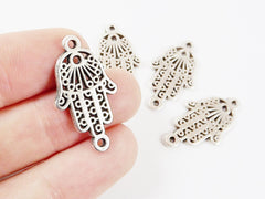 4 SmallCircle Hamsa Hand of Fatima Connector - Double Sided - Matte Silver Plated