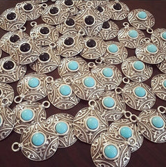 Round Dome Tribal Pendant with Ice Blue Glass Accent - Matte Silver plated - 1pc
