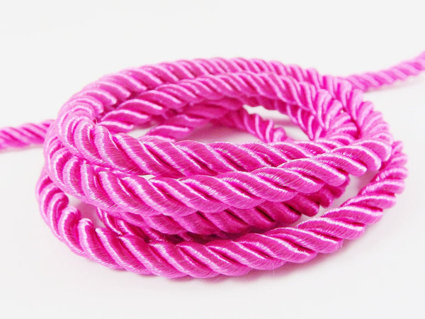 Fuchsia Hot Pink 5mm Twisted Rayon Satin Rope Silk Braid Cord - 3 Ply Twist - 1 meters - 1.09 Yards