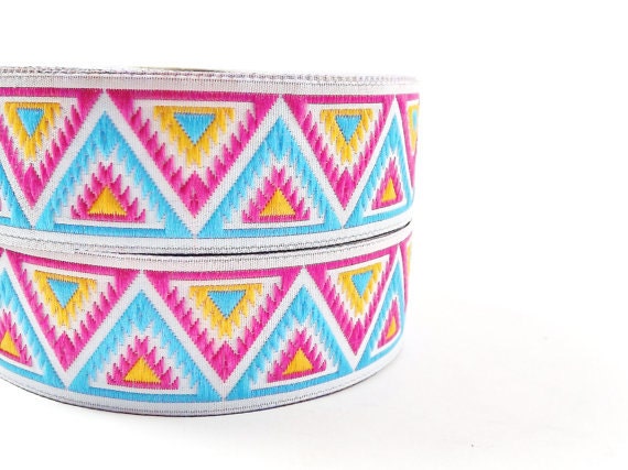 Hot Pink & Blue Yellow Chevron Triangle Woven Embroidered Jacquard Trim Ribbon - 1 Meter or 3.3 Feet or 1.09 Yards