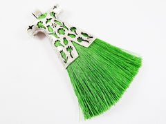 Forest Green Silk Thread Turkish Caftan Tassel Pendant - Matte Silver Plated - 1PC