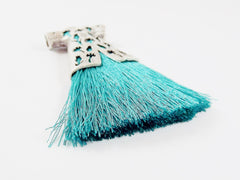 Aqua Teal Silk Thread Turkish Caftan Tassel Pendant - Matte Silver Plated - 1PC