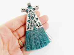 Aqua Teal Silk Thread Turkish Caftan Tassel Pendant - Matte Silver Plated - 1PC