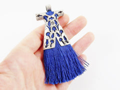 Royal Blue Silk Thread Turkish Caftan Tassel Pendant - Matte Antique Silver Plated - 1PC