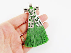 Forest Green Silk Thread Turkish Caftan Tassel Pendant - Matte Silver Plated - 1PC