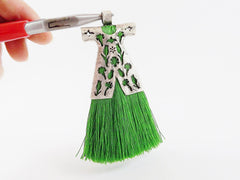 Forest Green Silk Thread Turkish Caftan Tassel Pendant - Matte Silver Plated - 1PC