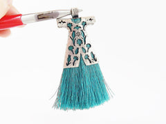 Aqua Teal Silk Thread Turkish Caftan Tassel Pendant - Matte Silver Plated - 1PC