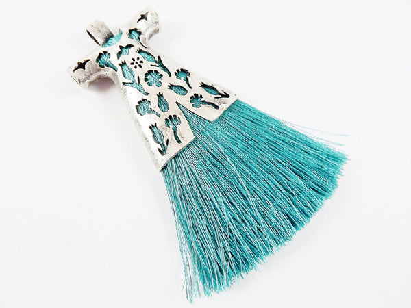 Aqua Teal Silk Thread Turkish Caftan Tassel Pendant - Matte Silver Plated - 1PC