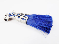 Royal Blue Silk Thread Turkish Caftan Tassel Pendant - Matte Antique Silver Plated - 1PC
