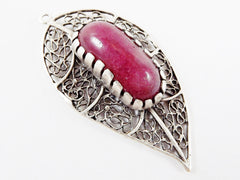 Filigree Leaf Pendant with Bezel Set Garnet Red Jade - Matte Silver Plated - 1PC