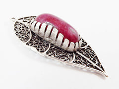 Filigree Leaf Pendant with Bezel Set Garnet Red Jade - Matte Silver Plated - 1PC