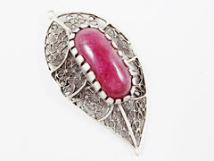 Filigree Leaf Pendant with Bezel Set Garnet Red Jade - Matte Silver Plated - 1PC