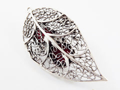 Filigree Leaf Pendant with Bezel Set Garnet Red Jade - Matte Silver Plated - 1PC