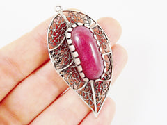 Filigree Leaf Pendant with Bezel Set Garnet Red Jade - Matte Silver Plated - 1PC