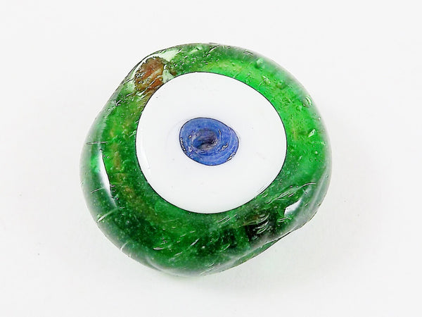 Recycled Bottle Green Evil Eye Nazar Glass Bead - Traditional Turkish Handmade - 27 mm - BE152