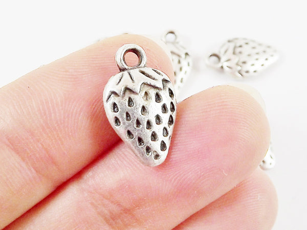 6 Strawberry Charms - Matte Silver Plated