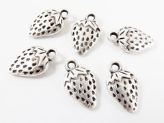 6 Strawberry Charms - Matte Silver Plated