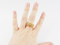 Rustic Fretwork Textured Costume Ring Base Blank with 2 loops - Adjustable Thick Band -  Turkish 22k Matte Gold Plated Brass