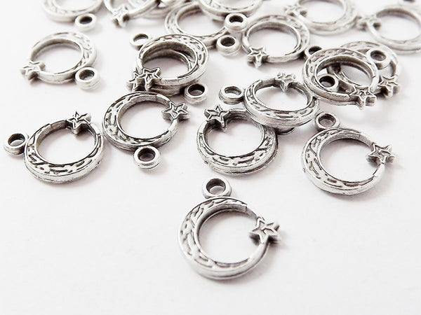 20 Mini Moon Crescent Star Charms - Matte Silver Plated