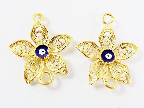 Flower Filigree Connector with Enameled Evil Eye - Type 1 -  22k Matte Gold Plated - 2PC