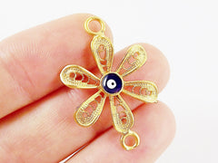Flower Filigree Connector with Enameled Evil Eye - Type 2 -  22k Matte Gold Plated - 2PC