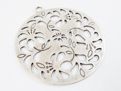 Extra Large Round Fretwork Flower Detail Pendant  - Matte Silver Plated - 1PC
