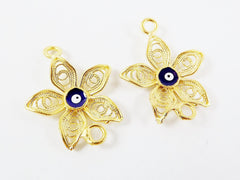 Flower Filigree Connector with Enameled Evil Eye - Type 1 -  22k Matte Gold Plated - 2PC