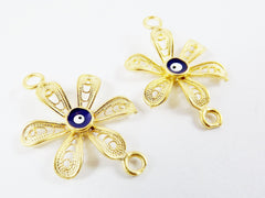 Flower Filigree Connector with Enameled Evil Eye - Type 2 -  22k Matte Gold Plated - 2PC
