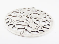 Extra Large Round Fretwork Flower Detail Pendant  - Matte Silver Plated - 1PC