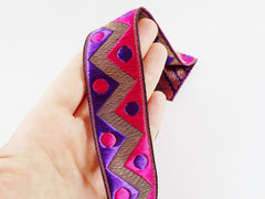 Hot Pink Purple Zig Zag Dott Motif Woven Embroidered Jacquard Trim Ribbon - 1 Meter  or 3.3 Feet or 1.09 Yards