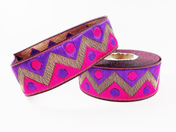Hot Pink Purple Zig Zag Dott Motif Woven Embroidered Jacquard Trim Ribbon - 1 Meter  or 3.3 Feet or 1.09 Yards