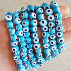 5 Mini Artisan Handmade Sky Blue Glass Evil Eye Nazar Medium Bead - 9 x 7mm
