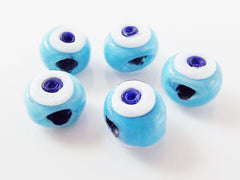 5 Mini Artisan Handmade Sky Blue Glass Evil Eye Nazar Medium Bead - 9 x 7mm