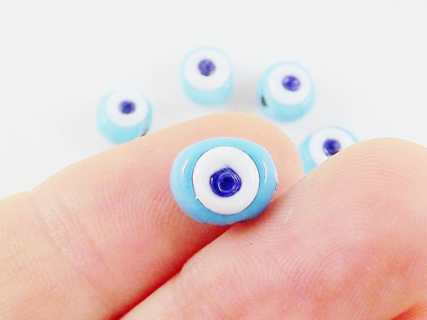 5 Mini Artisan Handmade Sky Blue Glass Evil Eye Nazar Medium Bead - 9 x 7mm